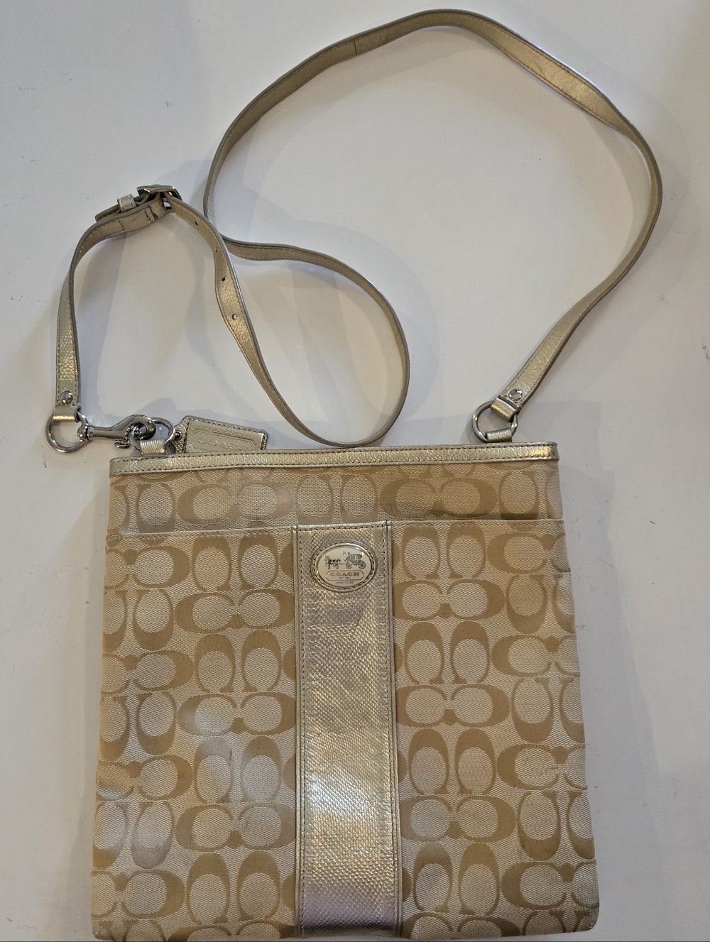 Coach Tan Signature Crossbody with Metallic Trim
